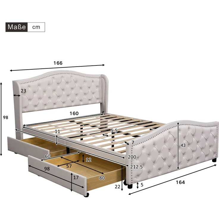 EINHOM Polsterbett 160 x 200 cm - Bett mit Lattenrost, 2 Schubladen und Kopfteil mit Zugpunktnieten – Holz & Kunstleder - Weiß – Jugendbett Gästebett, Weiß PU, (Ohne Matratze) – Bild 2