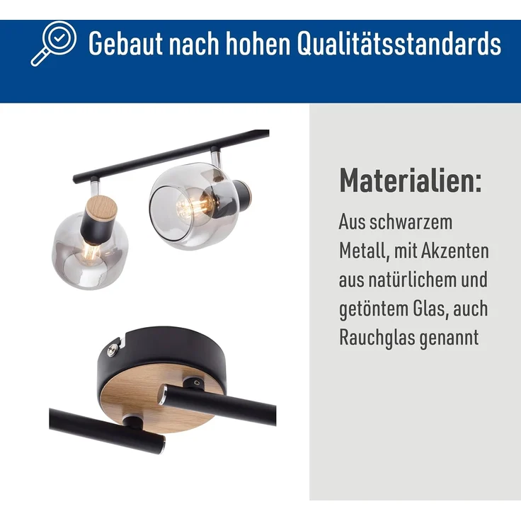 näve Deckenleuchte Fumoso, Leuchtmittel wechselbar, ohne Leuchtmittel, Smoking Glass (dunkel getönt), Metall/Schwarz, schwenkbar, 4-flammig – Bild 4