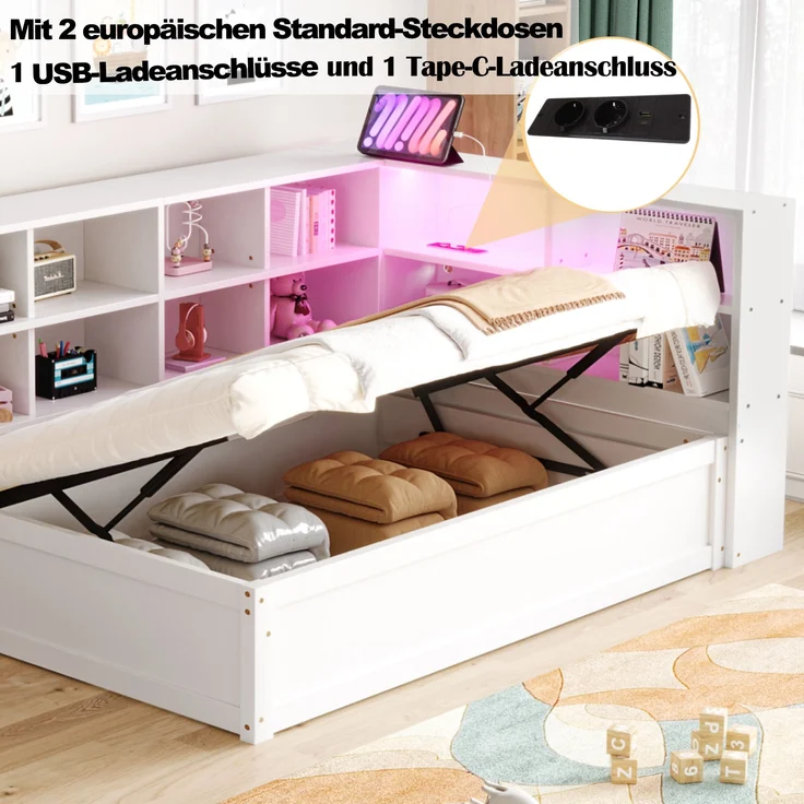 Bett 90x200 cm mit Stauraum und LED-Lichtleiste – multifunktionales Schlafsofa aus Kiefernholz in Weiß – Bild 5
