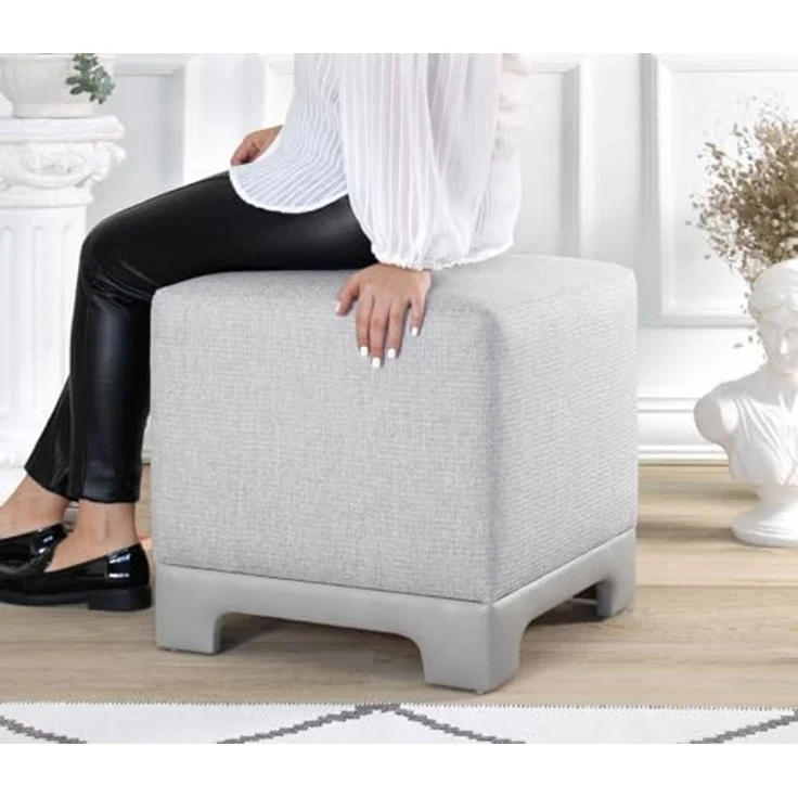 Stylish Grey Pouffe, 50 x 50 x 47 cm | 50% Cotton & 50% Linen, 35 DNS Orthopedic Sponge, 6 cm Thick | Faux Leather Legs, Perfect for Modern Living Spaces – Bild 3