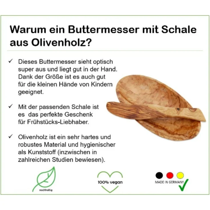Olivenholz-erleben Buttermesser mit Schale aus echtem Olivenholz (1 Stück), Messer schonend zu Porzellan, Glas & Beschichtungen – Bild 4