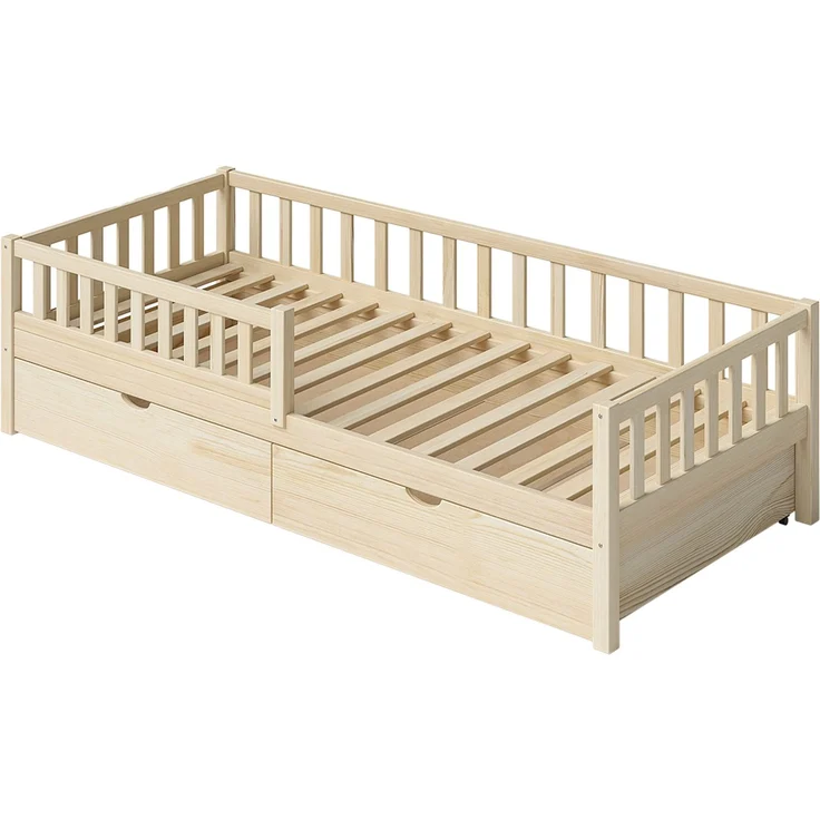 Bellabino 'Vils' Kinderbett 90x200 cm mit Matratze und großer Schublade, natur, Kiefer Massivholz, Montessori Bett mit Stauraum, mit abnehmbarem Rausfallschutz und Lattenrost – Bild 2
