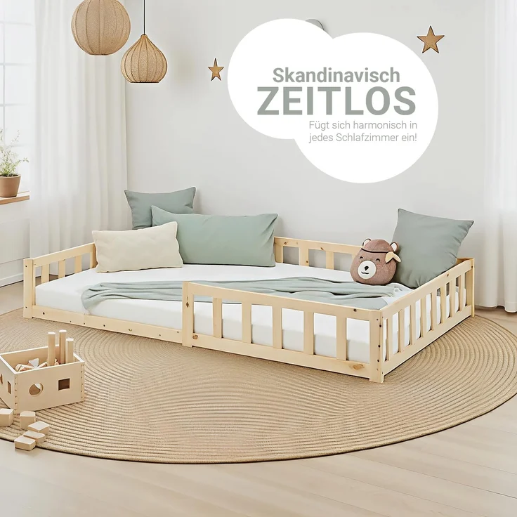Kinderbett 120x200 Bodenbett mit Rausfallschutz Montessori Bett Kleinkindbett Holz Kiefer Natur Massiv Einzelbett Lattenrost Bettgestell – Bild 9