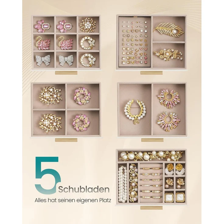 SONGMICS Großer Schmuckkasten mit 5 Ebenen und Glasdeckel für Ketten 26,1 x 15,6 x 22,2 cm Weiß und Beige – Bild 3