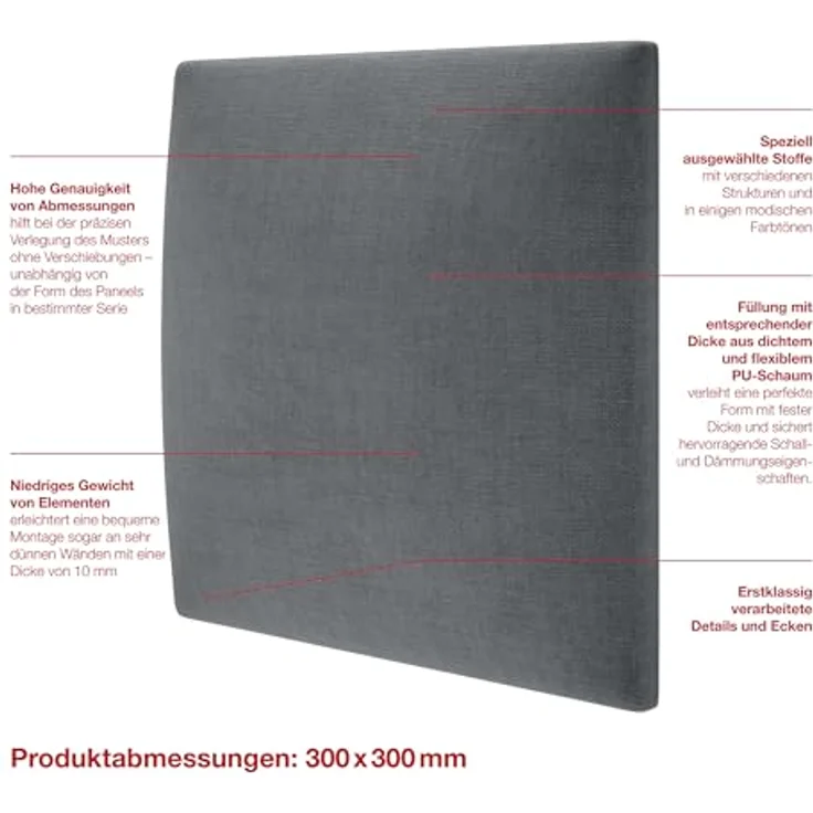 MOLLIS Polsterplatte, Quadratisches und Dekoratives Wandpaneel, Geeignet als Bettkopfteil oder Aufprallschutz, Reduziert Schall und Verbessert Akustik, aus Schaumstoff, 30x30 cm, Anthrazit – Bild 4