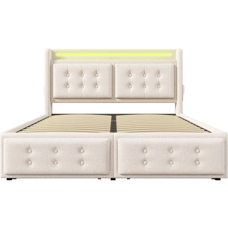 Polsterbett Baumwoll-Leinen mit LED & USB-Anschluss, 180x200 cm, 188x220x106 cm, Beige, ohne Matratze – Bild 9