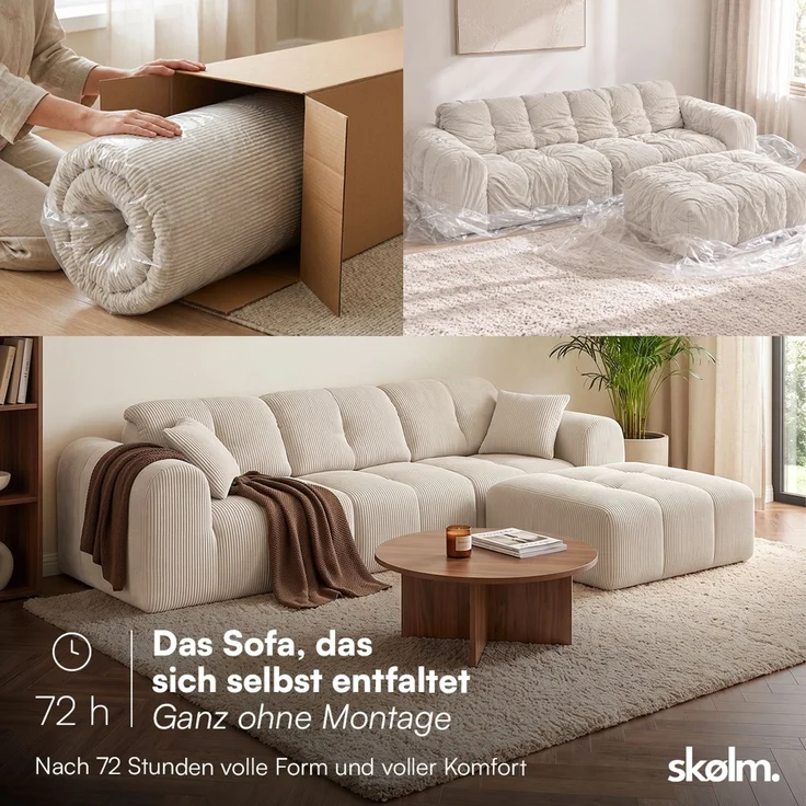 skølm 'Vanaheim' Sofa 3 Sitzer mit Hocker & 2 Kissen, Cloud Sofa Cord beige, Vollschaumcouch mit Federkern und Vakuum-Kompression, kein Aufbau erforderlich – Bild 3