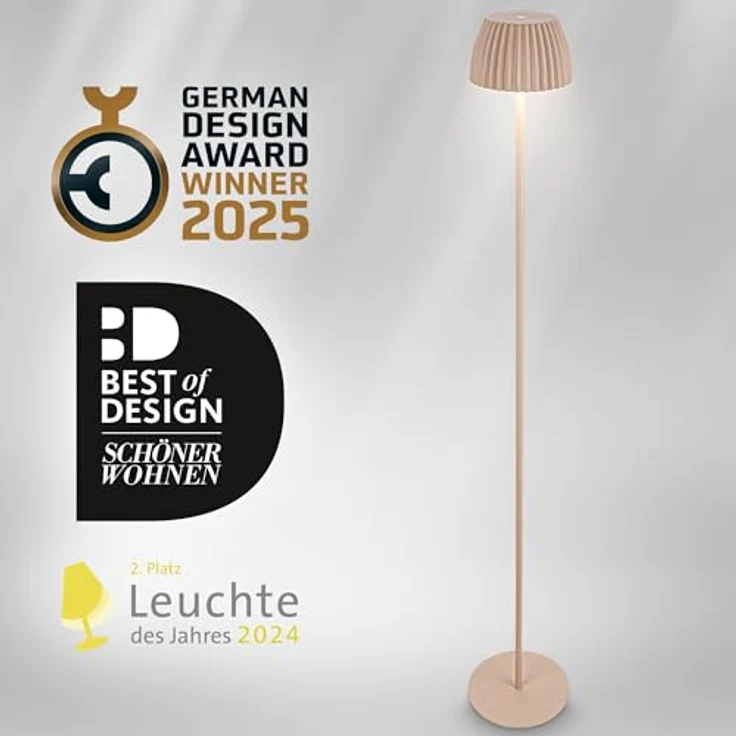 BRILONER - Riffle LED Stehlampe kabellos IP44 mit Touch, 19x124 cm, dimmbar, Memoryfunktion, Akku tauschbar, Akku Stehleuchte, Leselampe, Wohnzimmerlampe, German Design Award Winner 2025, Beige – Bild 8
