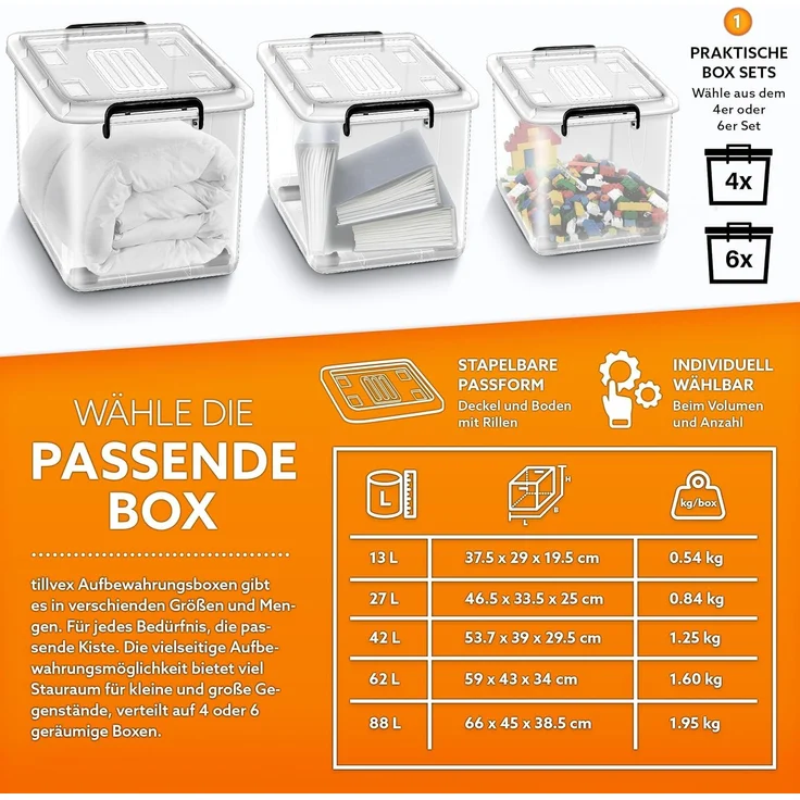 tillvex® Aufbewahrungsboxen mit Deckel 6er Set - 88L, lebensmittelecht | Kunststoff Boxen Set stapelbar | Aufbewahrung Ordnungssystem Box groß | Aufbewahrungsbox Kleiderboxen transparent 100% Neumaterial – Bild 4