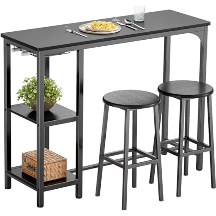 Bealife Bartisch mit Barhocker-Set, Kneipentisch-Set mit 2 Ablagen und Glashalter, Küchen-Bartisch-Set für Küche, Wohnzimmer, Esszimmer (Schwarz)