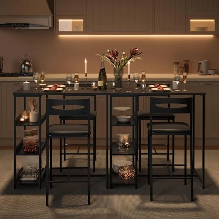 GarveeHome 3-Teiliges Esszimmer-Set Mit 2 Stühlen Und 1 Tisch, Platzsparender Esstisch Mit 3 Offenen Ablageflächen, Hoher Esszimmerstuhl Mit PU-Leder Sitzkissen, Für Esszimmer Und Wohnzimmer – Bild 9