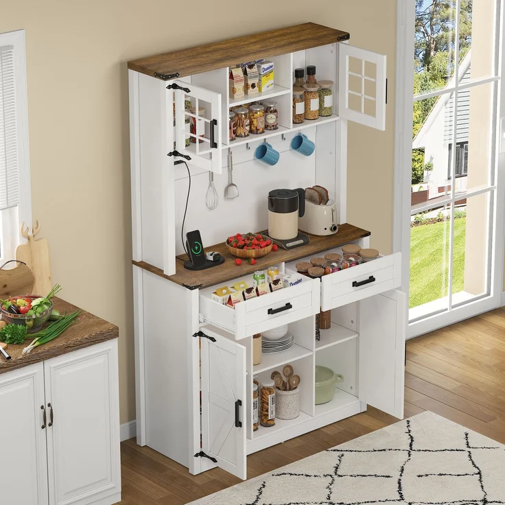 ZUBALIYA Buffetschrank 100x40x172 cm, mit LED-Beleuchtung, mit Steckdosen, mit verstellbaren Einlegeböden, aus MDF, Braun / Weiß – Bild 15