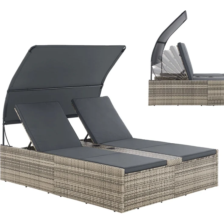 Juskys Polyrattan Doppelliege Syros - Garten Sonnenliege für 2 Personen - Outdoor Liege mit Dach & Auflagen - Kopfteil verstellbar - Grau-meliert – Bild 1
