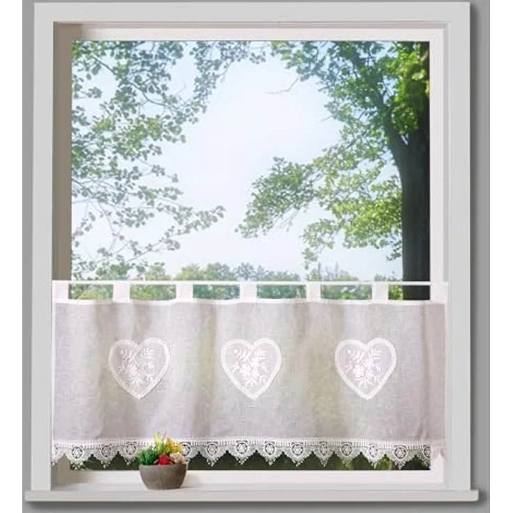heimtexland Scheibengardine Landhaus Gardine Leinen Optik natur Kurzstore (1 St), Schlaufen, halbtransparent, Polyester, Schlaufen Bistrogardine 45x120 cm I Herz I Macramée Borte – Bild 2