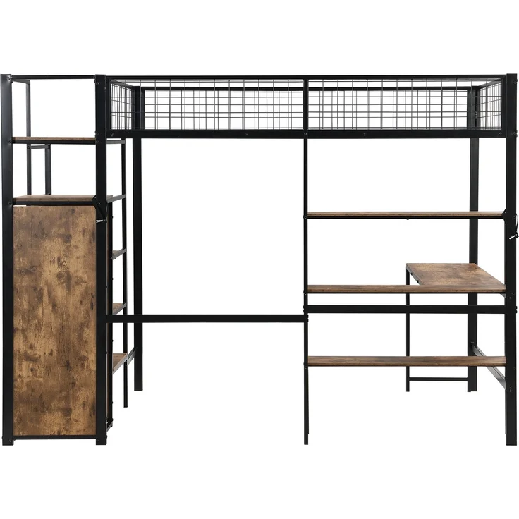 EINHOM Hochbett, 140 x 200 cm, Eisenbett, Ablageleiter, Mehrere Regale, Einbauschrank, Schreibtisch, Schwarz (Ohne Matratze) – Bild 7