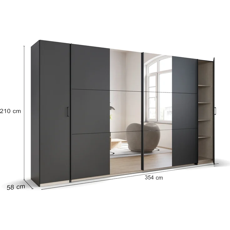 rauch 'Kronach' Kleiderschrank, 4-türig, Holz, 354 x 210 x 59 cm, Grau / Schwarz, mit Spiegel – Bild 4