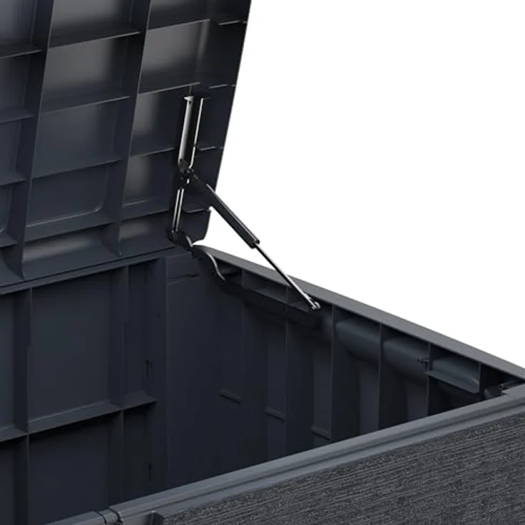 Duramax Cedargrain Durabox 416 Liter/ 110 Gallonen Kissenbox aus Kunststoff, Auflagenboxen für Terrasse und Gartenmöbel, abschließbare Kissenbox aus Kunststoff mit Gasflasche, Dunkelgrau – Bild 12