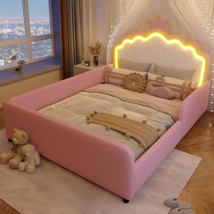 Polsterbett, 140x190 cm, Ohne Matratze, Mit LED-Lichtleiste, Prinzessinnenbett in Kronenform, Sicherheitsgitter, PU, Rosa – Bild 2