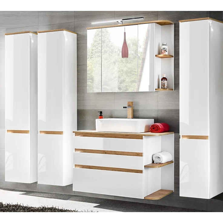 Badmöbel-Set mit Keramik-Waschtisch CAMPOS-56, Hochglanz weiß mit Wotaneiche, 3 Hochschränke B/H/T: ca. 244/200/50 cm – Bild 2