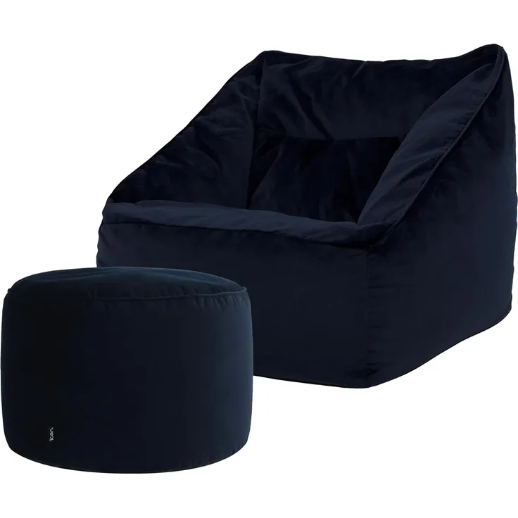 Icon Natalia Sitzsack Sessel mit Sitzpuff für Erwachsene, Dunkelblau, Flauschiger Samtstoff, Riesen Sitzsack Samt mit Füllung, Bean Bag Chair, Bequemer Sessel Wohnzimmer, Lounge, Schlafzimmer, Büro