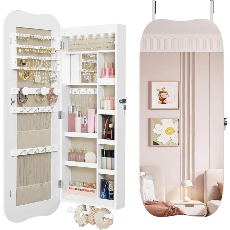 Schmuckschrank, Spiegelschrank, Hängeschrank mit LED-Beleuchtung, Wandschrank mit Spiegel, abschließbar, mit Innenspiegel, Oberfläche in Weiß, Innenfutter in Greige – Bild 2