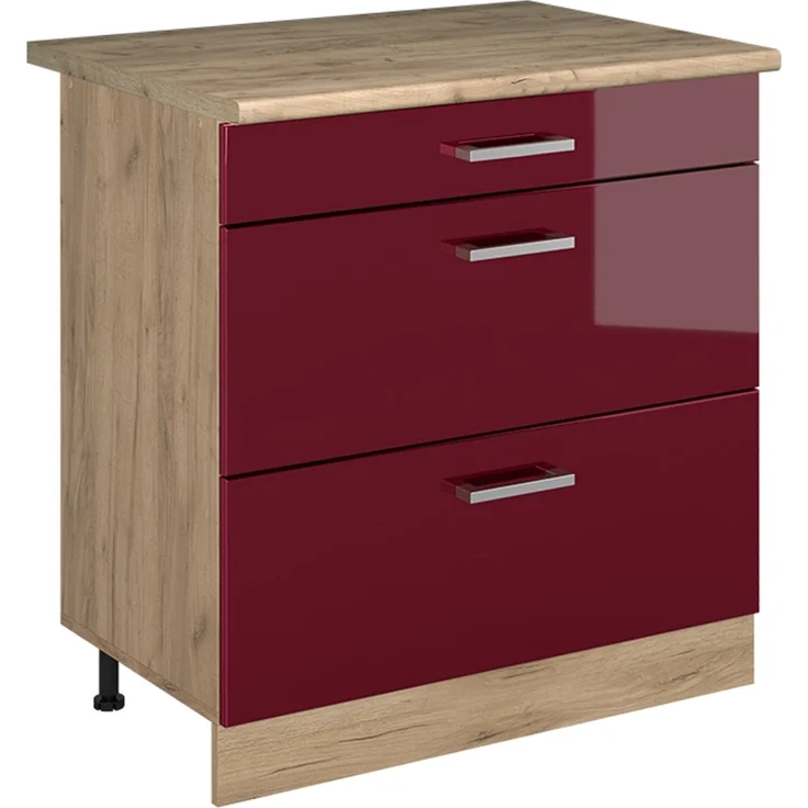 Küchenunterschrank R-Line Rot Hochglanz/Goldkraft Eiche 80 cm mit 3 Schubladen Arbeitsplatte Goldkraft Eiche Vicco – Bild 1