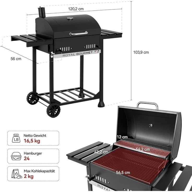 Royal Gourmet Holzkohlegrill Grillwagen mit klappbaren Seitenablagen, Smoker Standgrill mit Decekl, Thermometer, Kohlegrill Schwarz – Bild 3