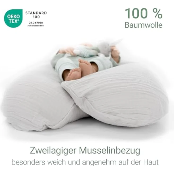 Theraline Dodo Premium Stillkissen, flexibles Lagerungs- und Stillkissen mit feiner Perlen-Füllung, 180 cm, Musselin Bezug in Nebelgrau – Bild 4