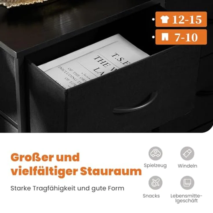 Sweetcrispy Kommode für Schlafzimmer, breite Schublade Kommode, 8 Stoffschubladen mit Griffen, Schubladen aus Stoff, Schrank, TV Stand für Schlafzimmer, Schrank, Wohnzimmer, Kinderzimmer, Schwarz – Bild 5