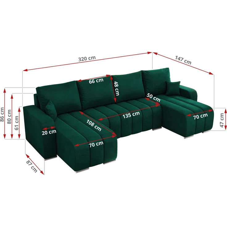U-förmiges Ecksofa mit Schlaffunktion und Bettkasten, Couch U-form - KIRASSO U - DunkelGrün Velours – Bild 7