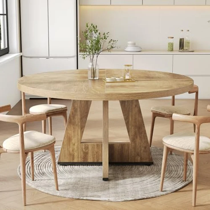 LITTLE TREE Runder Esstisch für 4 Personen, 120cm Esszimmertisch mit Holzsockel, Kreis Küchentische für Esszimmer, Küche, Wohnzimmer, Eiche – Bild 1
