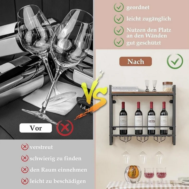 KOMFOTTEU Weinregal Wandregal, mit Glashalter, 60 × 20 × 55cm – Bild 4