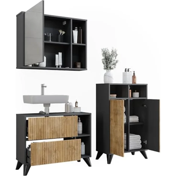 Vichy Badmöbel-Set Leano, Waschbeckenunterschrank und Spiegelschrank, Anthrazit/Bergeiche, 80 cm, Set 2 – Bild 7