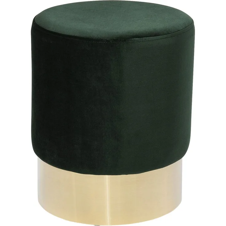 Kare Design Hocker Cherry Dunkelgrün Brass Ø35cm, kleiner, moderner Design Hocker mit Samtbezug, Polsterhocker rund, Grün-Gold (H/B/T) 42 x 35 x 35 cm