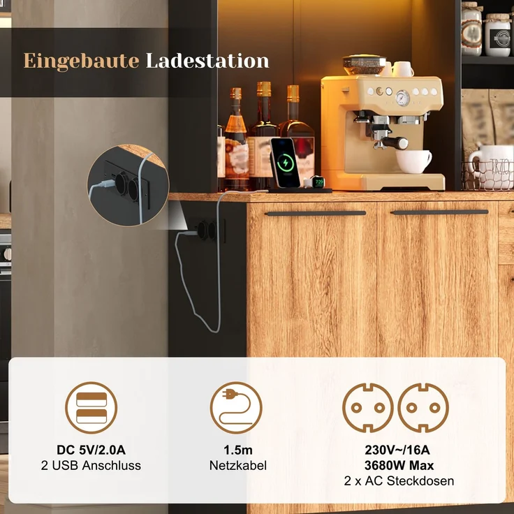 ZUBALIYA Buffetschrank 100x40x180 cm, mit LED-Beleuchtung, mit Steckdosen, mit 6 Türen, aus MDF, Natur – Bild 21