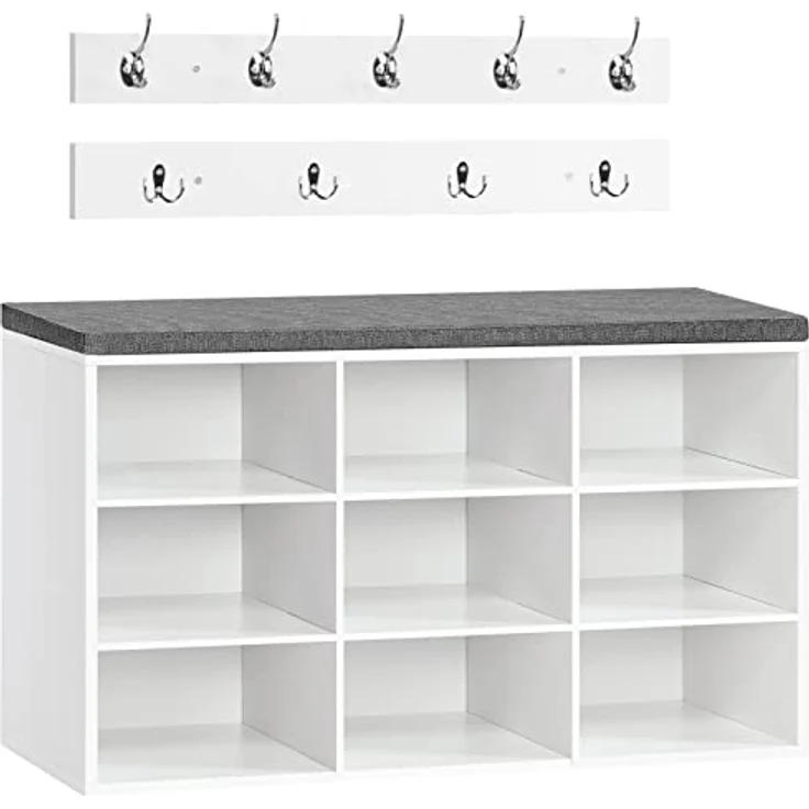 HOOBRO Garderobe Schuhregal Set, Schuhbank mit 9 F Cher, Schuhregal mit gepolsterter Sitzbank, Wandgarderobe mit 9 Haken, Schuhschrank f r Flur, Eingangsbereich, Schlafzimmer wei EWT89HX01 – Bild 2