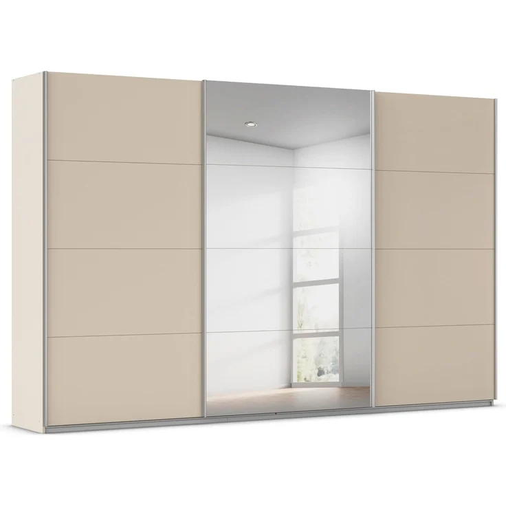 Rauch Möbel Kulmbach, Kleiderschrank mit Schwebetüren für Schlafzimmer, Kinderzimmer, Jugendzimmer, Garderobe, Flur, 3-türig, mit Spiegel, Zubehör Basic, Farbe Beige, Breite 360 cm