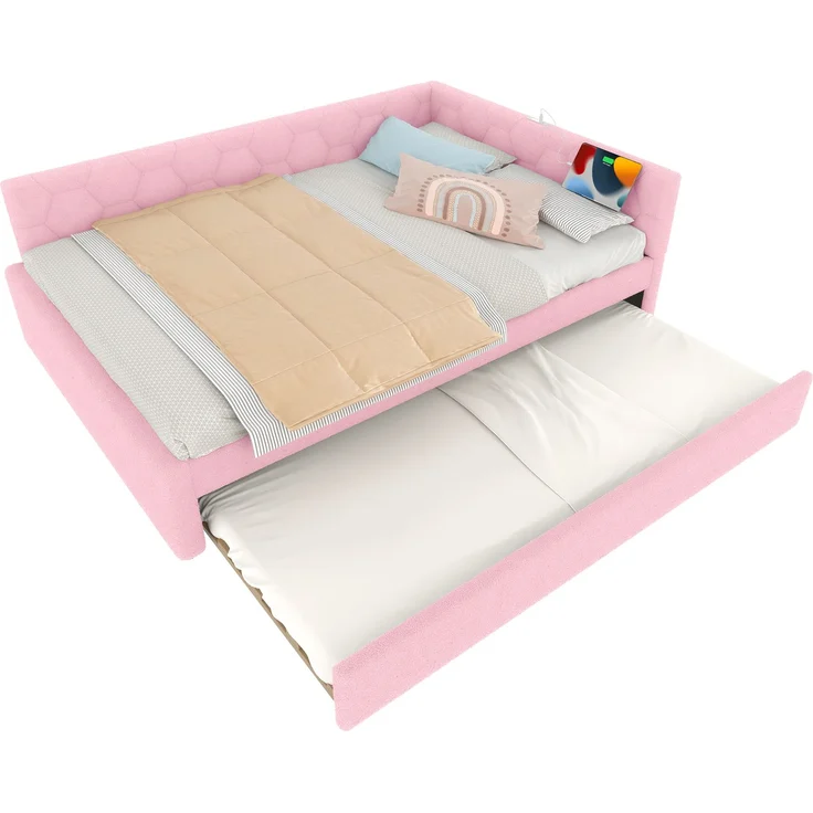 Daybett, 140*200cm Tagesbett, Schlafsofa, Bett mit Lattenrost (ohne Matratze), mit Nachttischlampe, mit multifunktionalem Ausziehbett, USB-Anschluss, Typ-C, Komfortmaterial, Vliesimitat, Rosa – Bild 8
