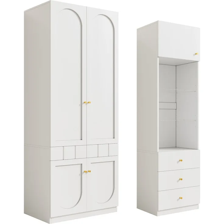 CHICFURN Kleiderschrank-Set 2-tlg. 80x200x50 cm und 50x180x40 cm – mit Kleiderstange und Schubladen Weiß