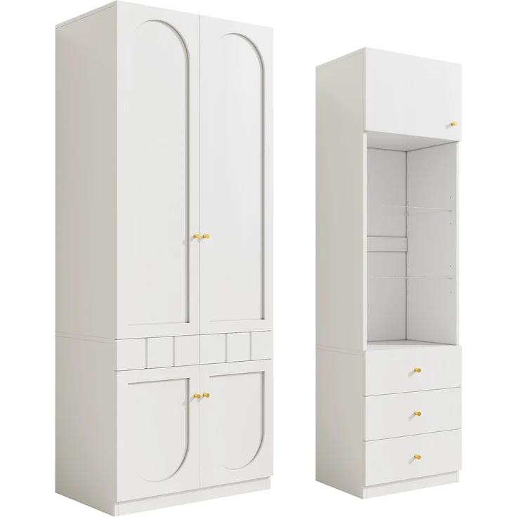 CHICFURN Kleiderschrank-Set 2-tlg. 80x200x50 cm und 50x180x40 cm – mit Kleiderstange und Schubladen Weiß – Bild 1