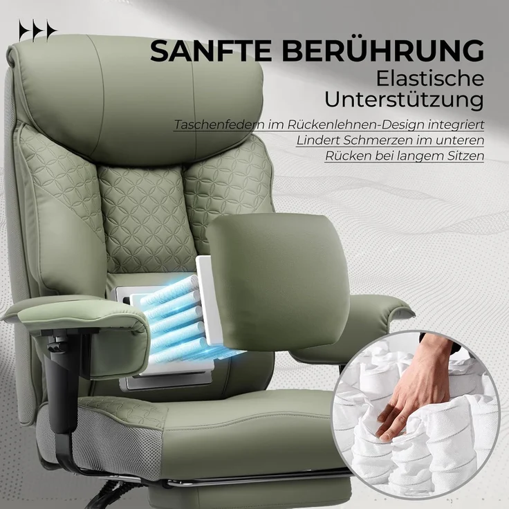 COMHOMA Gaming Stuhl für Große und Schwere Personen, ergonomischer Bürostuhl bis 180 kg, 3D Sitzkissen, verstellbar mit Fußstütze, PU-Leder, hoher Komfort für Büro & Gaming grün – Bild 5