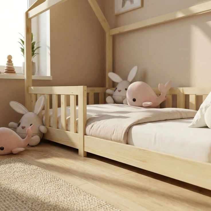 ecoMI Hausbett mit Rausfallschutz und Lattenrost, Kiefernholz natur, 80x160 cm – Bild 4