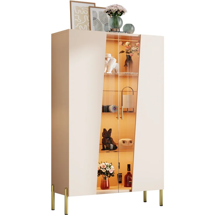 Vitrine 72 x 40 x 145 cm in Beige mit Glastür und mehrfarbiger LED-Beleuchtung – Bild 4