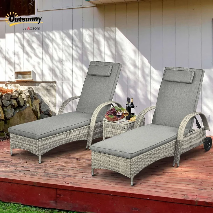 Outsunny Gartenliege Tisch 3er-Set Gartenmöbel, Polyrattan+Metall Grau, Liege, 3 St, Sonnenliege, Modern, Stabil, Praktisch, Witterungsbeständig – Bild 2