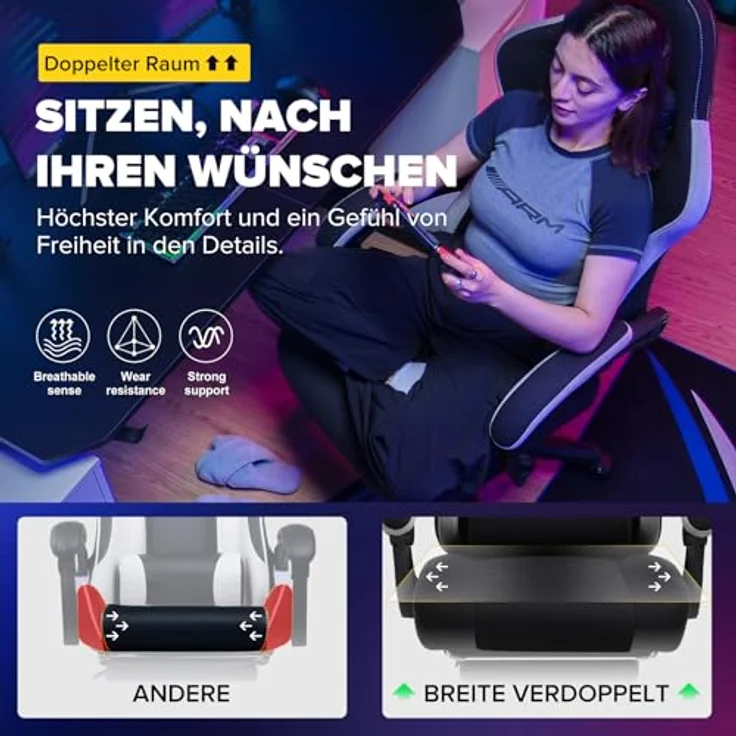 GTPLAYER Gaming Stuhl Ergonomischer Gaming Sessel Schreibtischstuhl mit Stoffoberfläche, Federsitzkissen, Verbindungsarmlehnen und Fußstütze schwarz – Bild 7