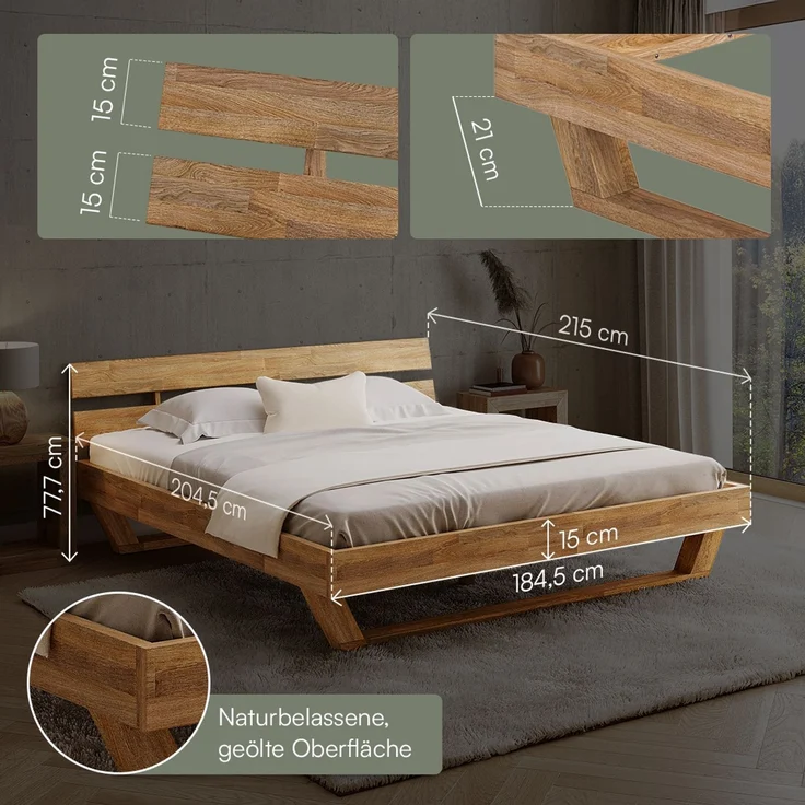skølm 'Nornir' Bett 180x200 cm, Bettgestell, natur geölt, Massivholzbett aus Eiche mit Holzkufen, Doppelbett mit Streben Bettkopf – Bild 6
