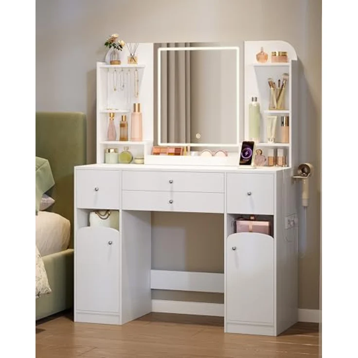 Schminktisch mit LED-Beleuchtung, mit Stecker und Föhnhalter, große Tischplatte 108 cm, Schminktisch mit 2 großen Schubladen mit Schmuckablage, 2 Schränke, 40 x 108 x 144 cm, Weiß – Bild 5