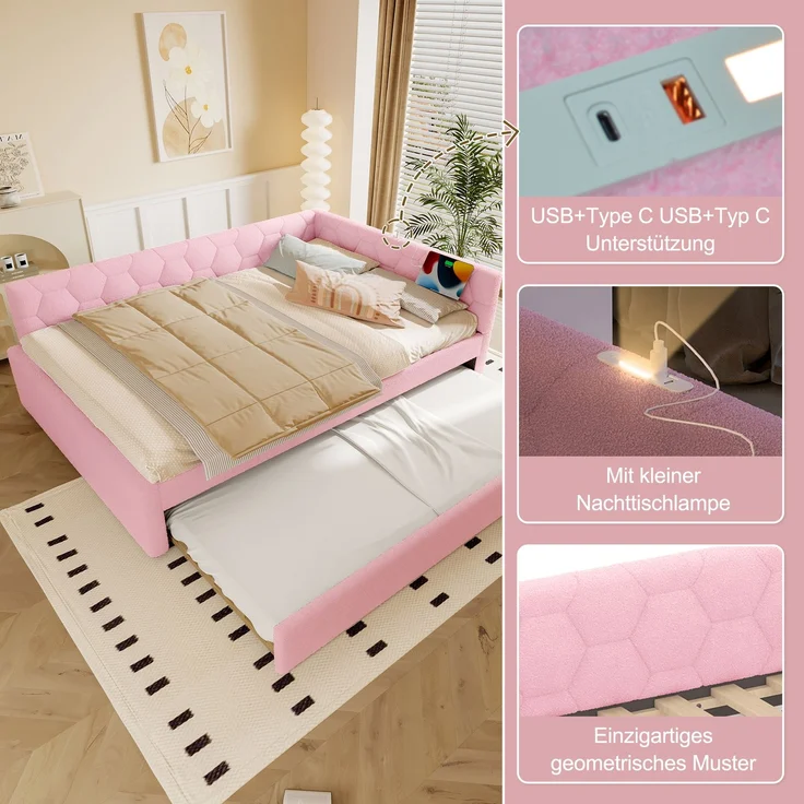 Daybett, 140*200cm Tagesbett, Schlafsofa, Bett mit Lattenrost (ohne Matratze), mit Nachttischlampe, mit multifunktionalem Ausziehbett, USB-Anschluss, Typ-C, Komfortmaterial, Vliesimitat, Rosa – Bild 2