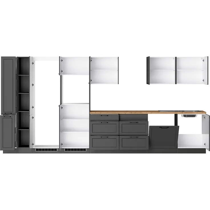 Küchenzeile 420 cm in grau, Arbeitsplatte in Eiche, MONTERREY-03 – Bild 2