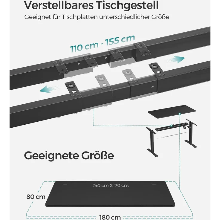 SONGMICS Höhenverstellbarer Schreibtisch elektrisch, Tischgestell, Schreibtischständer mit Motor, stufenlos verstellbar, 120 x 60 x (73-114) cm, Stahl, schwarz LSD011B02 – Bild 7